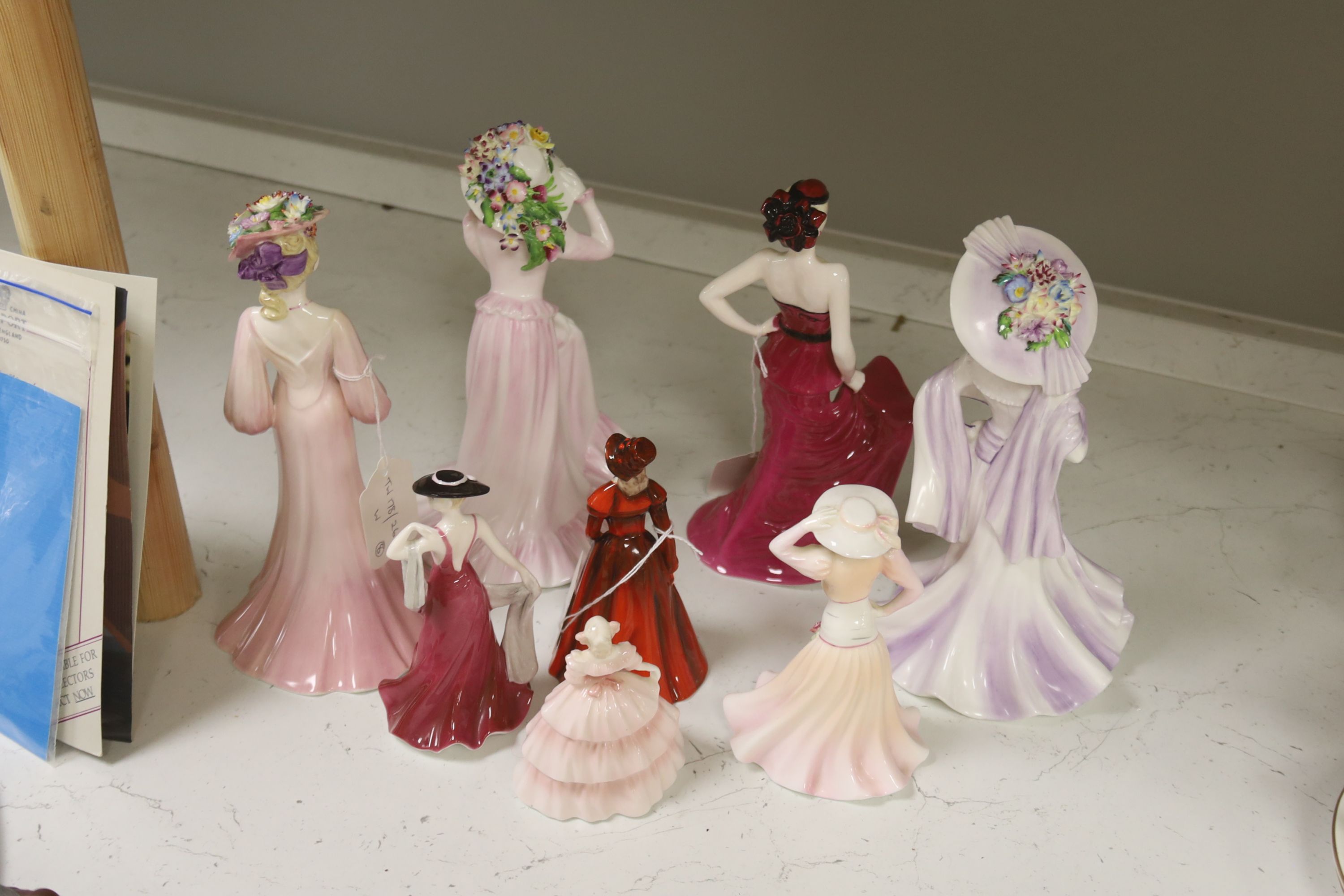 Eight Coalport bone china figurines, including three of 'The Ascot Lady' (1984-6)